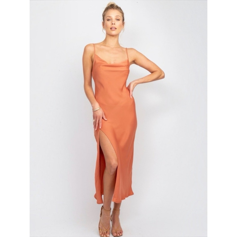 RESA 90s Minimalist Rust Satin Medium Backless Midi Slip Dress Wedding Guest